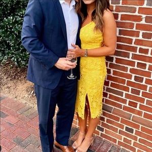 Lulus yellow lace crochet midi dress with slit